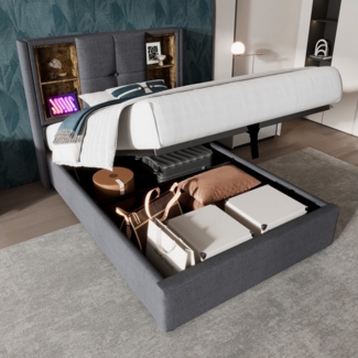 STILVORA Polsterbett 90x200 Bettgestell mit Stauraum,Jugendbett mit Lattenrost,USB C (mit Lattenrost, Ohne Matratze), mit Kabellosem Laden USB C, Lattenrost aus Holz-Natürlich Leinen