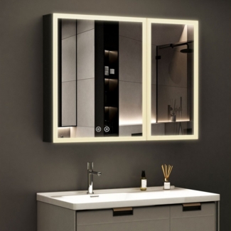 WDWRITTI Spiegelschrank mit beleuchtung 3Lichtmodi Dimmbar Badezimmerspiegelschrank LED 80x60 (Aluminium LED Wandschrank Hängeschrank Schwarz 2 türig, Speicherfunktion, Doppelseitiger Spiegel) Soft-Close-Funktion, IP44, mit Netzstecker