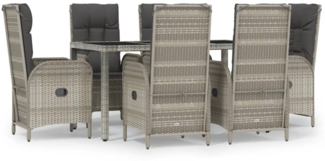 vidaXL 7-tlg. Garten-Essgruppe mit Kissen Grau Poly Rattan 3185026