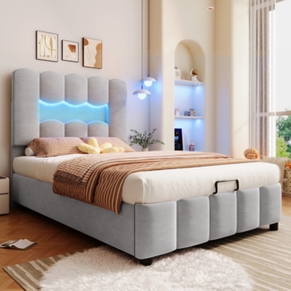 Polsterbett 90x200 cm mit LED-Beleuchtung und hydraulischem Bettkasten,Veloursbett mit verstellbarem Kopfteil, Stauraumbett in Grau