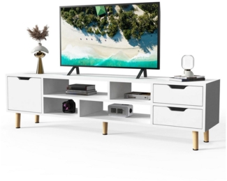 LETGOSPT Lowboard Moderner TV-Schrank für TVs bis zu 60 Zoll, TV Lowboard, Weiß (Lowboard, TV Schrank mit Beinen, 2 Schubladen, 1 Schrank und 4 Regale), TV Sideboard Unterschrank für Wohnzimmer, 140x30x26,5cm