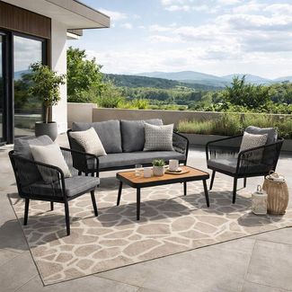 Gartenmöbel Set Sitzgruppe Rope Essgruppe Outdoor Gartenbank Gartentisch Schwarz