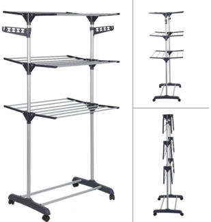 JEOBEST Wäscheständer Standtrockner, Wäschetrockner Turm mit Rollen, Platzsparender, mit 6 Klappbare Flügel und 2 Seitenflügel, Grau 56 x 72 x 152 cm