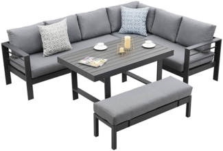 MeXo Gartenlounge-Set Ecklounge aus Aluminium, (Gartenmöbel Set, 5-tlg, 3 Ecksofas, 1 Bank, 1 Esstisch, 11 dicke Kissen), Wetterfest Lounge Möbel Outdoor für 8 Personen