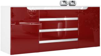 Sideboard Kommode Sylt V2, Korpus in Weiß matt / Front in Bordeaux Hochglanz mit Absetzungen in Weiß Hochglanz (166 x 72 x 35)