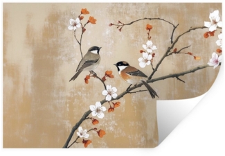 MuchoWow Wandsticker Vögel - Blütenzweig - Orange (1 St), Wandtattoo, Selbstklebend, Wohnzimmer, 30x20 cm