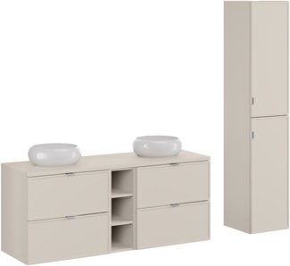 Badmöbel-Set 140 cm mit einer Waschtischplatte, zwei Wiki-Aufsatzwaschbecken und einem Hochschrank (46x140cm), Kaschmir matt