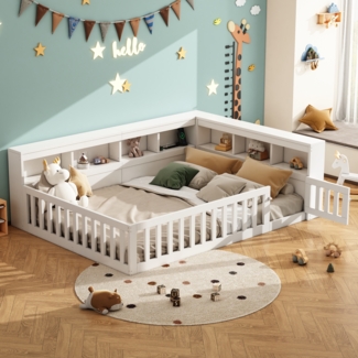Merax Holzbett Kinderbett Daybett 140x200cm mit Stauraum, Aufladen und Geländer, weiß