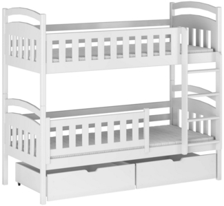 Deine Möbel 24 Etagenbett Hochbett Kinderbett für 2 Kinder EMMA 80x180 90x200 Weiß (mit abnehmbarem Rausfallschutz, 2 Schubladen, in 2 Betten umbaubar), wahlweise mit Matratzen, aus Massivholz Vollholz, incl. Lattenrost