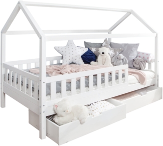 Kinderbett Hausbett \"Kay\" 90x200 Kiefer massiv weiß inkl. Schubkästen
