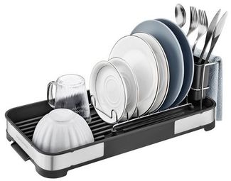 SONGMICS Abtropfgestell klein, Geschirr-Abtropfgestell für Spüle, Abtropfständer, Abtropfgitter Edelstahl, Abtropfschale, Besteckhalter, Tassenhalter rostfrei, für Geschirr, silbern-schwarz KCSDE034B01