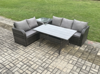Fimous Terrassenmöbel Set Polyrattan Langer rechteckiger Esstisch und Lounge Sofa set mit Beistelltisch Dunkelgrau gemischt
