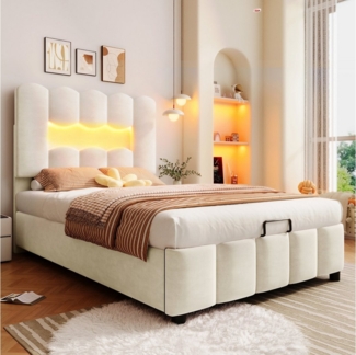 REDOM Polsterbett mit LED-Beleuchtung & Hydraulik-Stauraum, Verstellbares Kopfteil (Kinderbett Stauraumbett, Samt, 90x200cm), Inklusive Matratze