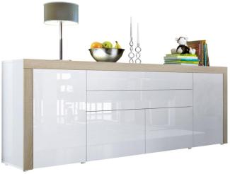 Vladon Sideboard La Paz V2, Kommode mit 2 Türen, 2 Schubkästen und 2 Klappen, Weiß Hochglanz/Weiß Hochglanz/Eiche sägerau (200 x 72 x 35 cm)