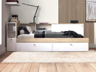 Vente-unique - Bett mit Stauraum - 90 x 190/200 cm - Weiß & Holzfarben + Lattenrost - LIARA