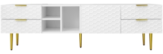 TV-Schrank, lowboard mit strukturierten Tren, TV-M?bel mit Schubladen, offenen F?chern, goldenen Griffen und goldenen F?en