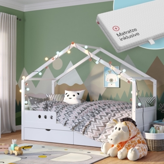 Bellabino 'Bela' Hausbett 90x200 cm mit Matratze und 2x Schubladen, weiß, Kiefer Massivholz, Montessori Kinderbett mit Stauraum, inkl. Rausfallschutz und Lattenrost