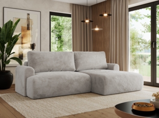 L-förmiges Ecksofa mit losen Kissen und Armlehnen für das Wohnzimmer, Ecksofa mit Schlaffunktion, Bettkästen - TONO - Hellgrau Plüschstoff - rechte Seite