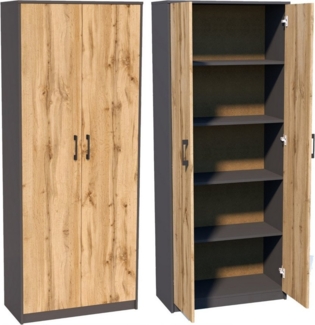 Home Collective Mehrzweckschrank Aktenschrank mit 5 Fächern Haushaltsschrank (74 cm breit aus Laminatplatte und hochwertigen Polymergriffen) in mattem Finish mit 4 Einlegeböden und 2 Türen graphit Eiche