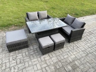 Fimous 7-Sitzer Polyrattan Gartenmöbel Einstellbare Höhe Esstisch Set mit 3 Fußhocker Doppelsitz-Sofa Dunkelgrau Gemischt