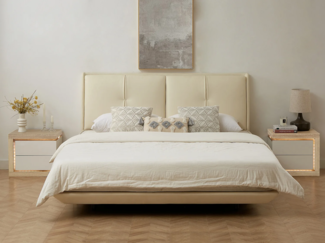 Vente-unique - Nachttisch mit 2 Schubladen - linke Seite - Mit LED-Beleuchtung - Weiß lackiert und Holzfarben - FLARANCIA