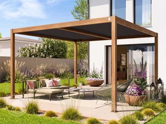 PRIMEYARD Pergola 4x4 m Aluminium-Pfosten mit Lamellendach aus Stahl holzfarbene Terrassenüberdachung