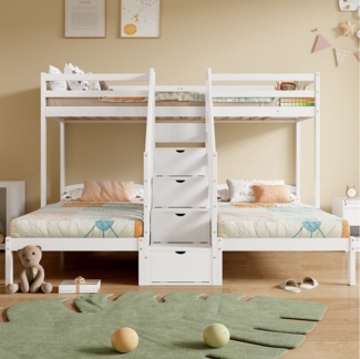 Ulife Etagenbett Dreierbett, Hochbett, Kinderbett mit Stauraumtreppe und Geländer (Ohne Matratze), 3 Betten, Kiefernholz, 90x200 cm