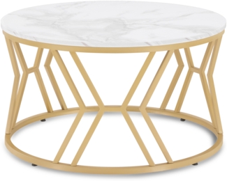 BarberPub Couchtisch Rund Holz, Moderner Sofatisch, Kleiner Beistelltisch Metall, Kaffeetisch für Wohnzimmer, Schönheitssalon, Wohnzimmertisch Marmor-Weiß Gold, 80x80x46cm, 2115