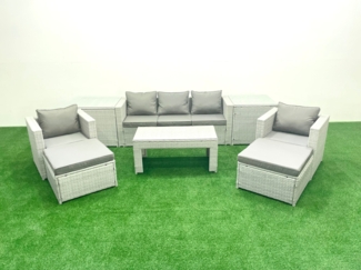 Fimous Polyrattan Gartenmöbel Set 7-Sitzer Outdoor Garten Sofa 2 Sesseln Rechteckiger Couchtisch Set mit 2 Hockern 2 Beistelltischen Hellgrau gemischt