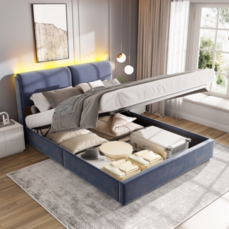 160x200cm Graues Samt Bett mit Gasdruckfeder und LED-Beleuchtung