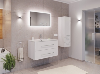 Badmöbel Set Firenze 90 3tlg. LED Spiegel und Seitenschrank weiß hochglanz : Weiss hochglanz