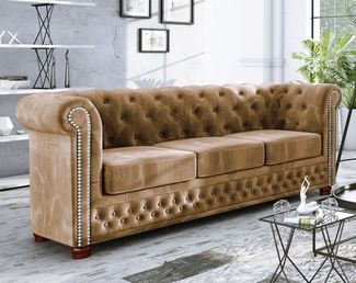 S-Style Möbel Chesterfield-Sofa Leeds 3-Sitzer aus Samt-Stoff mit Holzfüßen, mit Wellenfederung