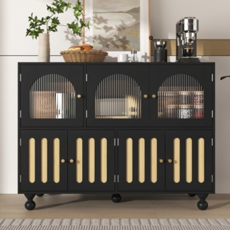 Flieks Kommode (1 St, 120 x 40 x 90 cm), Sideboard mit 3 Glastür und 4 Holztür Wohnzimmerschrank Schwarz