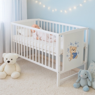 Babybett Teddybär – Herzen Blau 60 × 120 cm mit Matratze