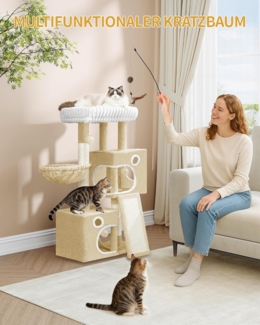 Kratzbaum, 98cm Kleiner Katzenbaum, Geräumiges und Stabile, mit Weiche Große Plattform, Plüschbälle, Höhlen, Kratzsäulen, Katzenkratzbrett, Beige