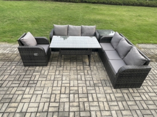 Fimous 7 Sitzer Rattan Gartenmöbel-Set Langer Rechteckiger Esstisch und Sesseln Set mit 3 Sitzer Sofa Beistelltischen Dunkelgrau gemischt