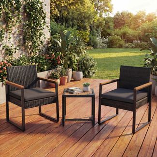 Poly-Rattan Garnitur HWC-P74, Lounge-Set Garten 2x Stuhl Tisch, Akazie Holz Stoff 180g/m² ~ schwarz, Polster grau