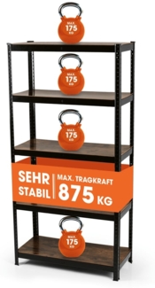 EASYmaxx Schwerlastregal 180 x 90 x 40 cm Holzoptik| 875 kg Traglast, 175 kg pro Ebene | Regal, Werkbank | Kellerregal, Lagerregal mit 5 verstellbaren Ablagen | Für Keller, Garage, Hobbyraum, Werkstatt