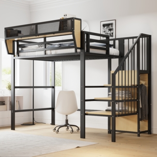 Merax Hochbett 90x200cm, Etagenbett, Kinderbett mit Sicherheitsleiter und flexiblem Staufach, Metallbett, Schwarz