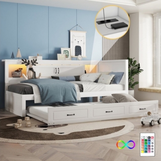 STILVORA Daybett Tagesbett 90×200cm Steckdose + USB Jugendbett Holzbett mit Ausziehbett (Schlafsofa,mit Fernbedienung, Ambientebeleuchtung, USB & Steckdose, Ausziehbares Bett mit Stauraum für Kinderzimmer), ohne Matratze