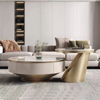 alesvelt Couchtisch edler Beistelltisch weiße Marmor Design 2er Set 90cm Wohnzimmertisch (2er Set), 90cm große Ablagefläche mit Schubladen