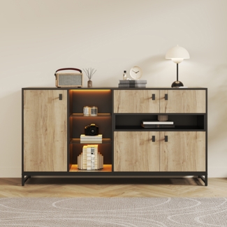 Flieks Sideboard mit LED, Schrank mit Doppeltüren, offenem Regal, Glasböden & verstellbaren Trennwänden, 160 x 40 x 84.5 cm, Natur