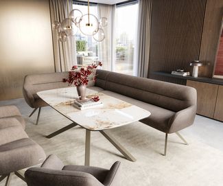 Esszimmerbank Taya-Flex 285x190 cm Strukturstoff Soft Taupe Kreuzgestell kantig Effektfinish Titan Taschenfederkern Rechts