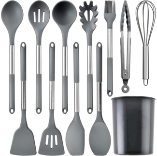 MODFU Kochbesteck-Set 12er Küchenhelfer Set Kochgeschirr Küchenutensilien Küchengerät Küchen (Kochset Antihaft Hitzebeständig mit Utensilienhalter und Aufhängeloch, 12-tlg, Silikon, Kochbesteck, Kochutensilien), Spülmaschinengeeignet für Kochen Braten ...