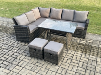 Fimous Gartenlounge Set Rattan Ecksofa Set mit 2 kleine Fußhockern Dunkelgrau gemischt