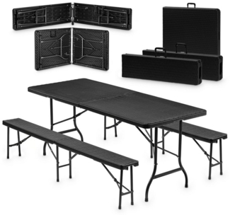 VESKA Bierzeltgarnitur 3-teilig Set Tisch + 2x Bank, wetterfest für drinnen und draußen, (klappbar mit Tragegriffen, Kunststoff, Gartengarnitur, Klapptisch), Gartentisch Länge 180 cm Rattan-Optik Schwarz