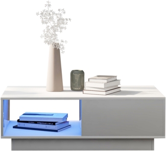Couchtisch 95x55x32 cm, weiß mit Hochglanz-Oberfläche und integrierter LED-Farbbeleuchtung