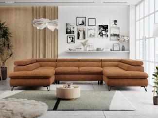 Ecksofa U-Form, mit Bettkasten, Bettfunktion und Einstellbare Kopfstützen, Sofa big XXL - PETER U - Orange Stoff - Topper T25