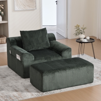 LVHOM Relaxsessel mit Hocker, Bodensofa mit Seitentaschen und Kissen, 1-Sitzer Sofasessel, Einzelsofa, für Wohnzimmer, Schlafzimmer und Studie, Grün