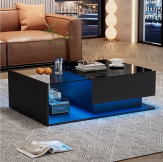 HAUSS SPOLE Couchtisch Hochglanz mit Glasplatte und Schubladen, LED-Beleuchtung, schwarz (mit 1 Schublade,100 x 50 x 32 cm), mit Glasplatte und Schubladen, kratzfest